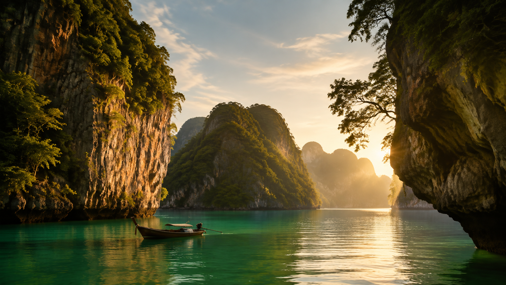 晨光灑落在翠綠海灣與山壁間,一艘長尾船靜靜停泊;AI 旅行意象